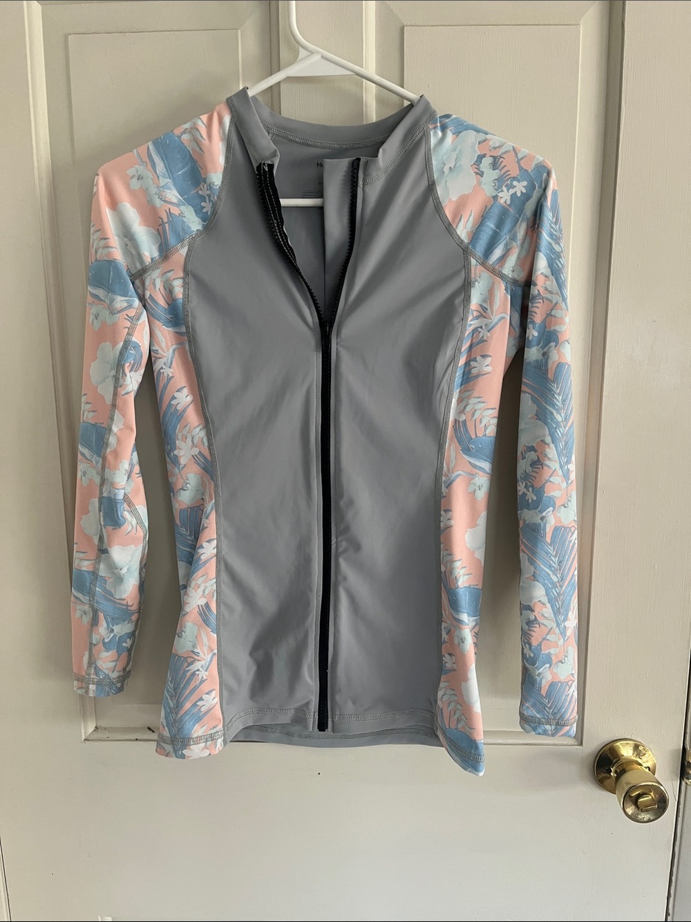 Hurley Grey Zip-Front Rash Guard with Pink & Light Blue Floral Panels